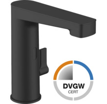 Zwarte wastafelmengkraan met DVGW-keurmerk.