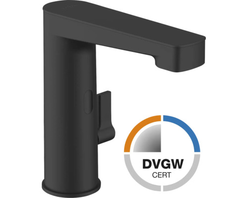 Zwarte wastafelmengkraan met DVGW-keurmerk.