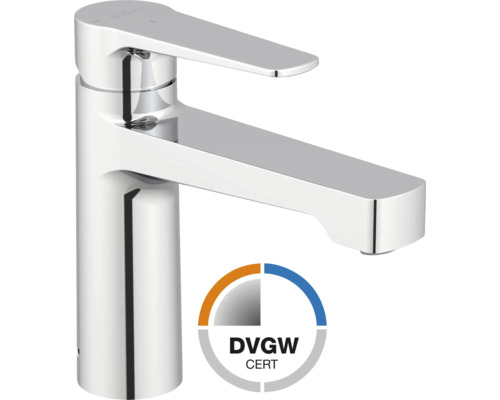 Eéngreeps wastafelmengkraan van verchroomd metaal met DVGW-certificering.