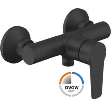 Eengreeps douchemengkraan Jungborn in mat zwart met DVGW-keurmerk en Jungborn Logo.