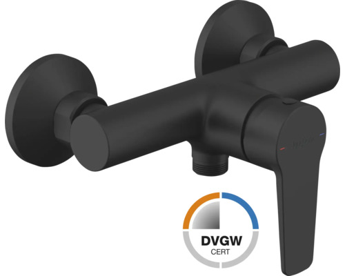 Eengreeps douchemengkraan Jungborn in mat zwart met DVGW-keurmerk en Jungborn Logo.