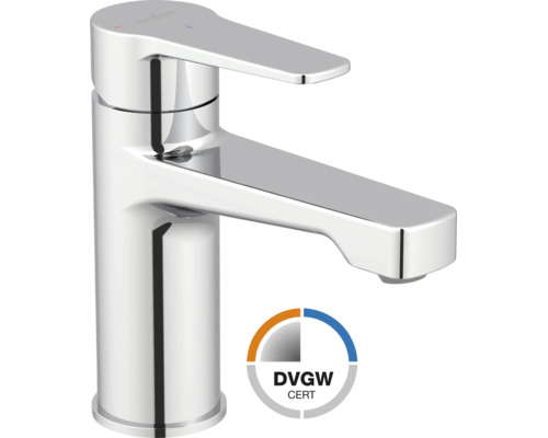 Eengreeps wastafelkraan van chroom met DVGW-certificering.