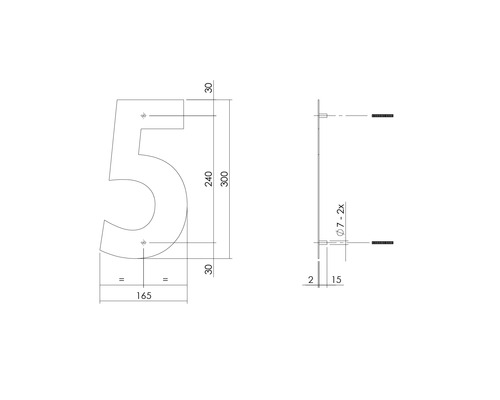 Technische tekening van huisnummer 5 met afmetingen