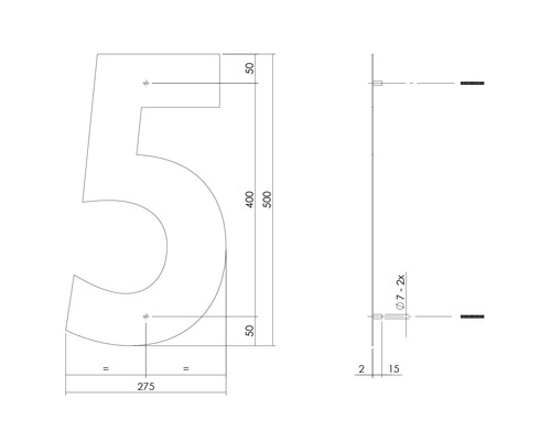 Technische tekening van huisnummer 5 met afmetingen