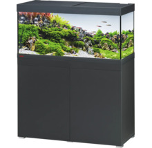 Aquariumcombinatie met onderkast in antraciet, ingericht met waterplanten en rotsen.