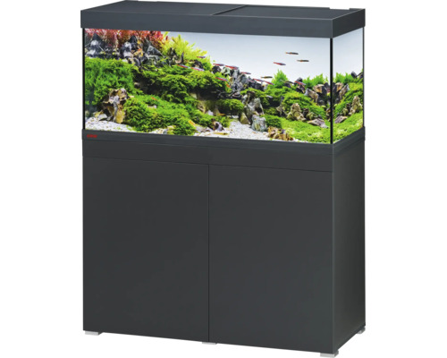 Aquariumcombinatie met onderkast in antraciet, ingericht met waterplanten en rotsen.
