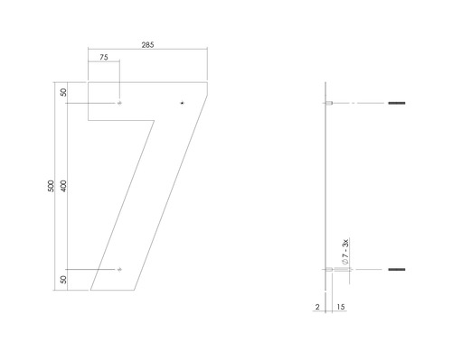 Technische tekening huisnummer 7 met maatvoering