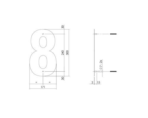 Technische tekening huisnummer 8 met afmetingen