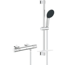 Grohe doucheset in chroom met thermostaatkraan, douchestang, handdouche en planchet.