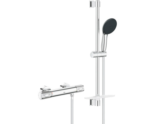 Grohe doucheset in chroom met thermostaatkraan, douchestang, handdouche en planchet.