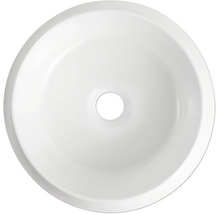 Ronde witte opzetwastafel in bovenaanzicht met centraal afvoergat.