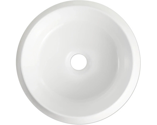Ronde witte opzetwastafel in bovenaanzicht met centraal afvoergat.