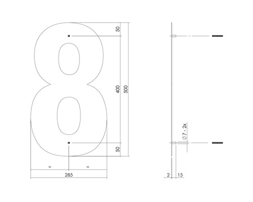 Technische tekening van huisnummer 8 met afmetingen