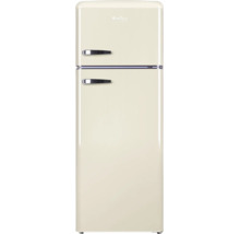 Amica koel-vriescombinatie in retro-design, beige, tweedeurs met vriesvak boven en verchroomde handgrepen.