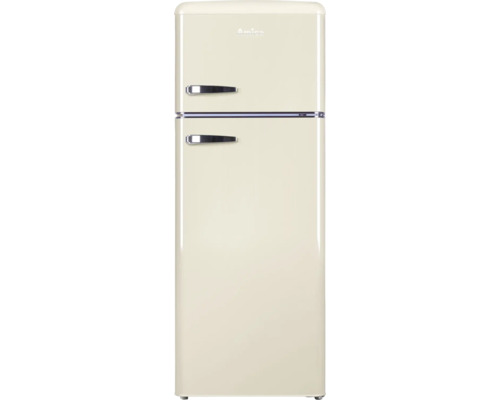 Amica koel-vriescombinatie in retro-design, beige, tweedeurs met vriesvak boven en verchroomde handgrepen.