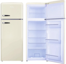 Amica koel-vriescombinatie in retro-design, beige, twee deuren, verchroomde handgrepen, glazen plateaus en groentelade.