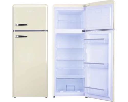 Amica koel-vriescombinatie in retro-design, beige, twee deuren, verchroomde handgrepen, glazen plateaus en groentelade.