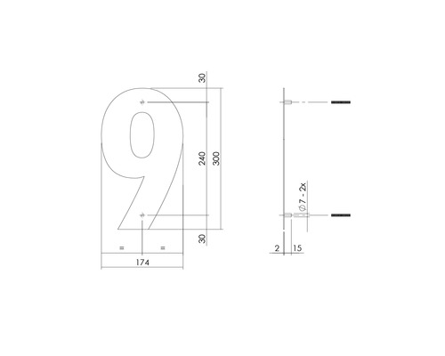 Technische tekening van een huisnummer negen met maatvoering