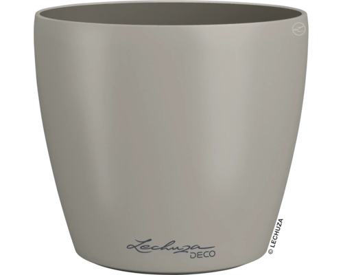 Ronde kunststof bloempot Lechuza Deco met glad oppervlak in de kleur taupe.