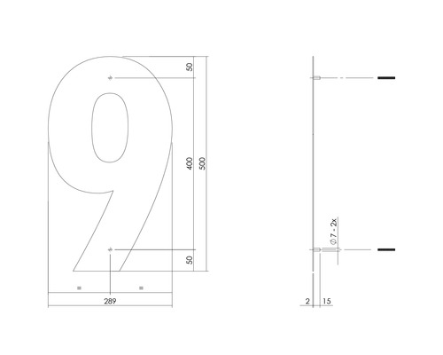 Technische tekening van huisnummer 9 met maatvoering