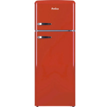 Amica retro koel-vriescombinatie in rood met twee deuren en zilverkleurige handgrepen.