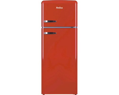 Amica retro koel-vriescombinatie in rood met twee deuren en zilverkleurige handgrepen.