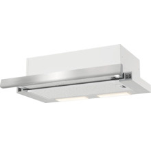 Witte vlakscherm afzuigkap met zilverkleurige frontlijst, uitschuifbaar, inclusief metalen vetfilter en geïntegreerde verlichting.