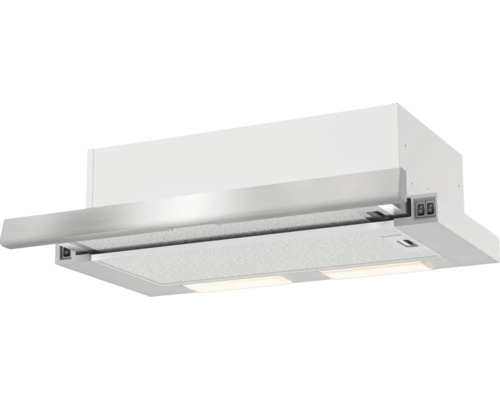 Witte vlakscherm afzuigkap met zilverkleurige frontlijst, uitschuifbaar, inclusief metalen vetfilter en geïntegreerde verlichting.