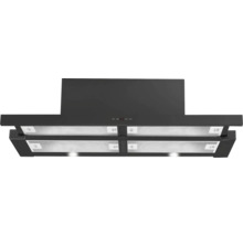 Uitschuifbare vlakscherm afzuigkap in zwart met vier vetfilters en verlichting.