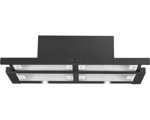 Uitschuifbare vlakscherm afzuigkap in zwart met vier vetfilters en verlichting.