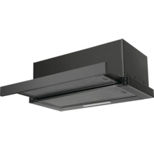 Zwarte vlakscherm afzuigkap met metalen vetfilter.