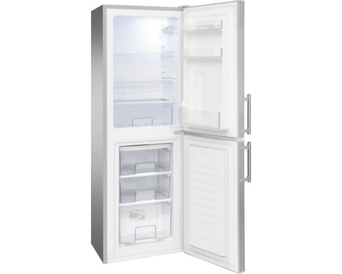 Open koel-vriescombinatie met glazen plateaus, groentelade en drie vriesladen.