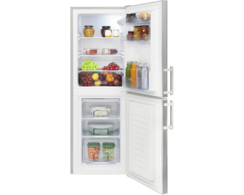Open koel-vriescombinatie met glazen plateaus, groentelade, drie vriesladen en verticale metalen handgrepen.