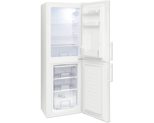 Witte open koel-vriescombinatie met glazen legplateaus, een groentelade, drie vriesladen en deurvakken.