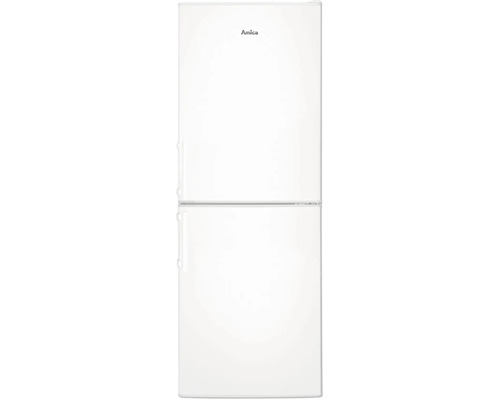 Witte Amica koel-vriescombinatie met twee deuren en verticale handgrepen.