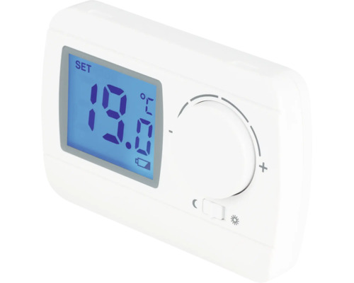 Digitale kamerthermostaat met LCD-scherm voor temperatuur in graden Celsius, voorzien van draaiknop en schuifschakelaar.
