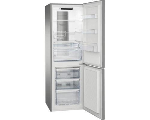 Koel-vriescombinatie met open deuren, glazen plateaus, flessenrek, vershoudladen en drie vriesladen.