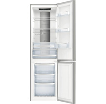 Open koel-vriescombinatie met glazen plateaus, flessenrek, vershoudladen en drie vriesvakken.