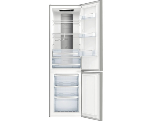 Open koel-vriescombinatie met glazen plateaus, flessenrek, vershoudladen en drie vriesvakken.