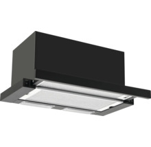 Zwarte vlakscherm afzuigkap met uitschuifbaar deel, metalen vetfilters en geïntegreerde verlichting.