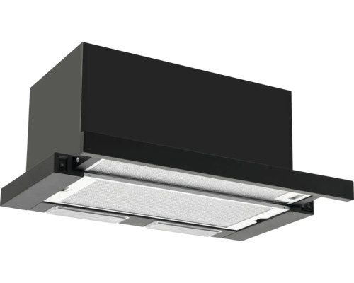 Zwarte vlakscherm afzuigkap met uitschuifbaar deel, metalen vetfilters en geïntegreerde verlichting.