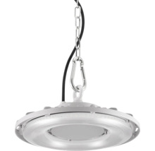 LED-halstraler rond met ophangketting, karabijnhaak en zwarte aansluitkabel voor industriële verlichting.