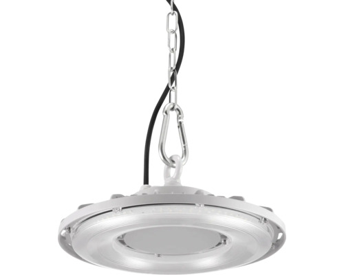 LED-halstraler rond met ophangketting, karabijnhaak en zwarte aansluitkabel voor industriële verlichting.