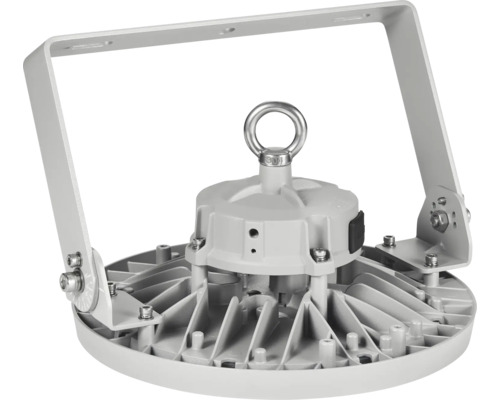 LED-halstraler achteraanzicht met montagebeugel, oogbout en metalen koelribben.