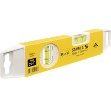 Gele Stabila waterpas Type 70 T, 25 centimeter lang, met een horizontale en een verticale libel.
