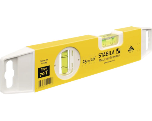 Gele Stabila waterpas Type 70 T, 25 centimeter lang, met een horizontale en een verticale libel.