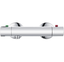 Thermostatische douchekraan van verchroomd metaal voor opbouwmontage aan de wand.