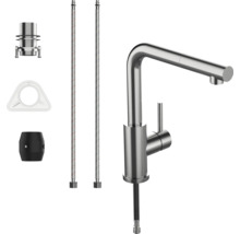 Keukenkraan met uittrekbare douche, twee aansluitslangen, montageset, stabilisatieplaat en gewicht.