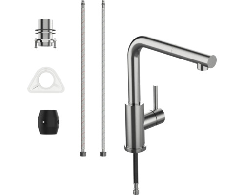 Keukenkraan met uittrekbare douche, twee aansluitslangen, montageset, stabilisatieplaat en gewicht.