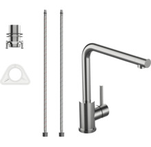 Keukenkraan met L-vormige uitloop en zijhendel, inclusief twee flexibele aansluitslangen en montagemateriaal, roestvrij staal look.